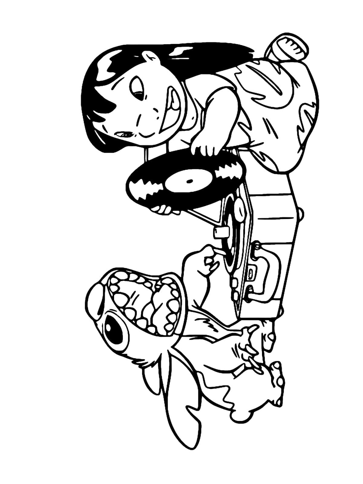 Stitch With Lilo Listen To Music Coloring Pages