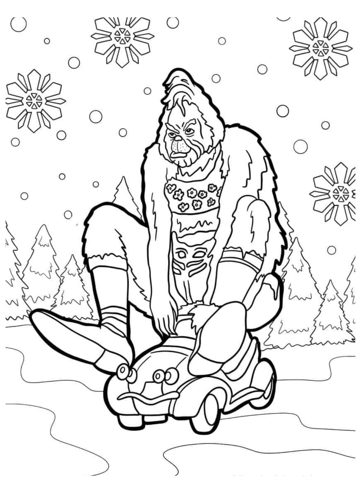 The Grinch Riding On Small Car In Whoville Coloring Pages