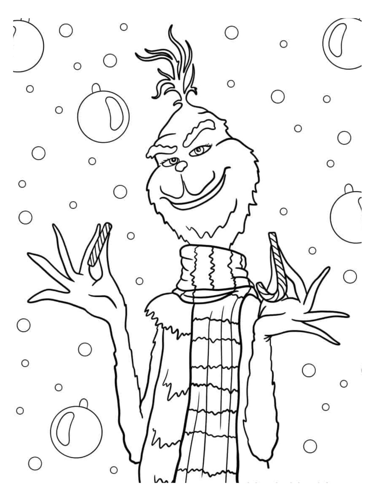 The Grinch Wearing Scarf And Holding Candy Canes Coloring Pages