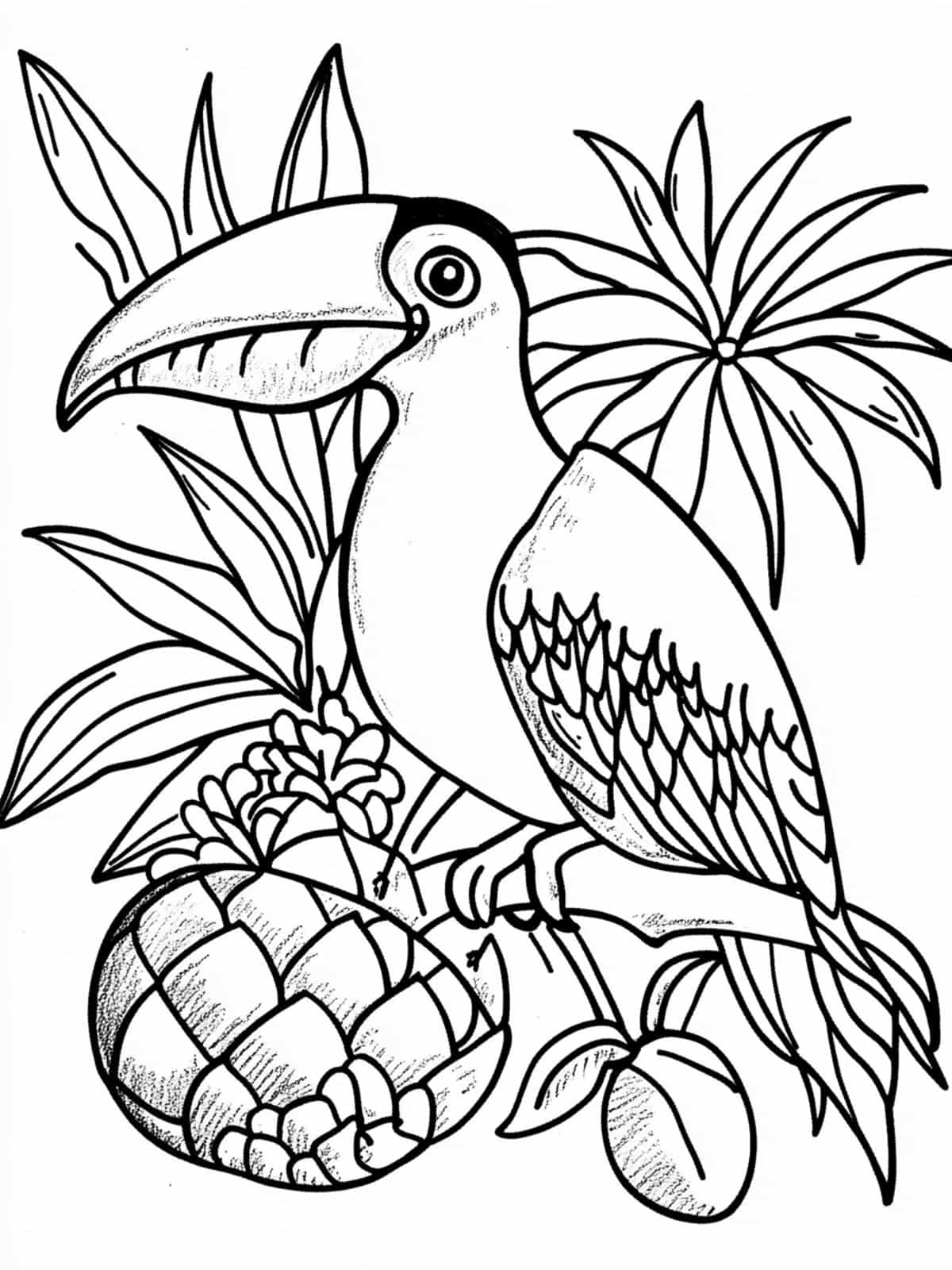 Toucan And Tropical Fruits Coloring Page