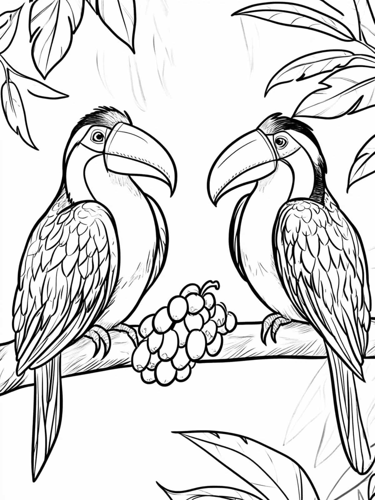 Two Toucan And Tropical Fruits Coloring Page