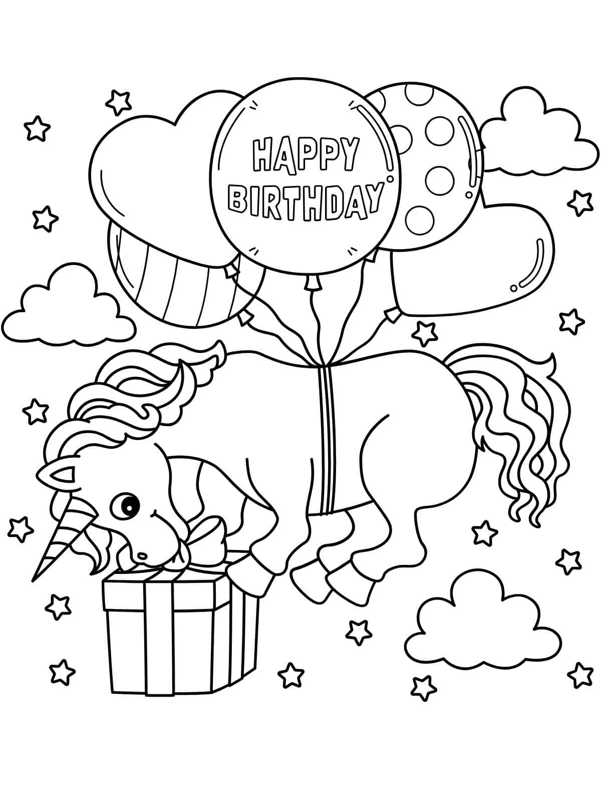 Unicorn Happy Birthday Coloring Page