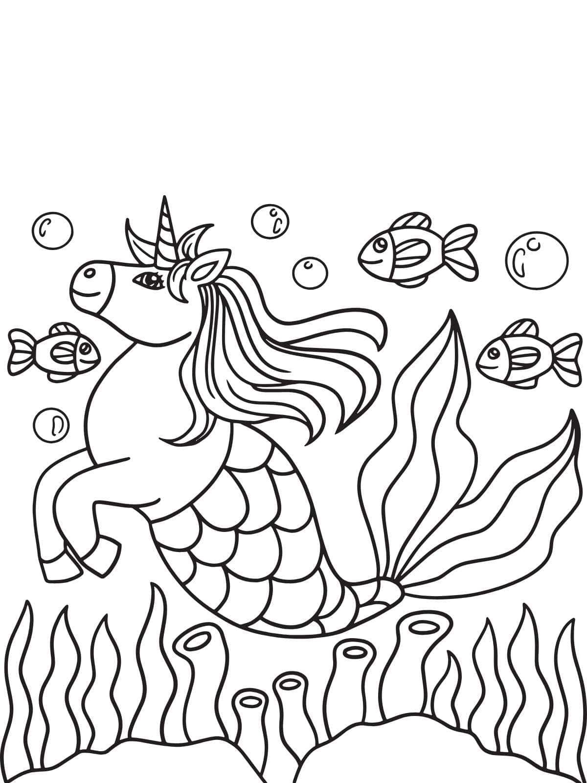 Unicorn With Fish Coloring Page