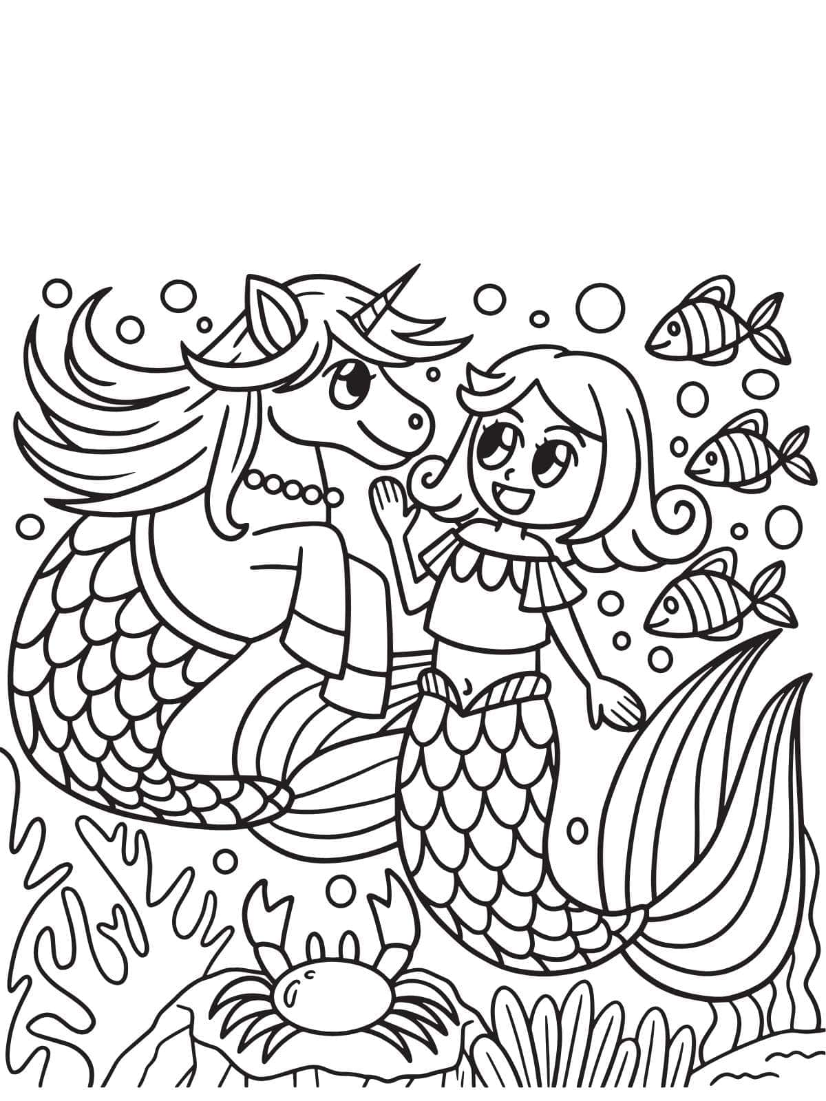 Unicorn With Mermaid Coloring Page