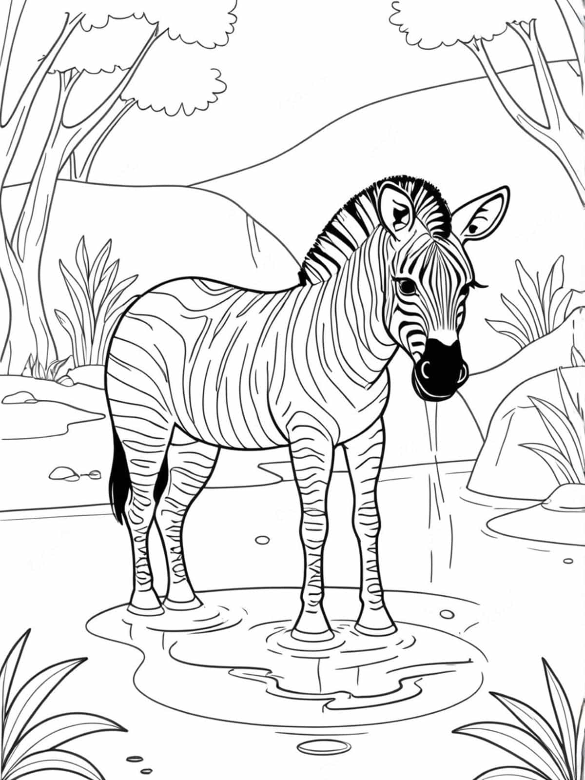 Zebra Drinking From A Waterhole Coloring Pages