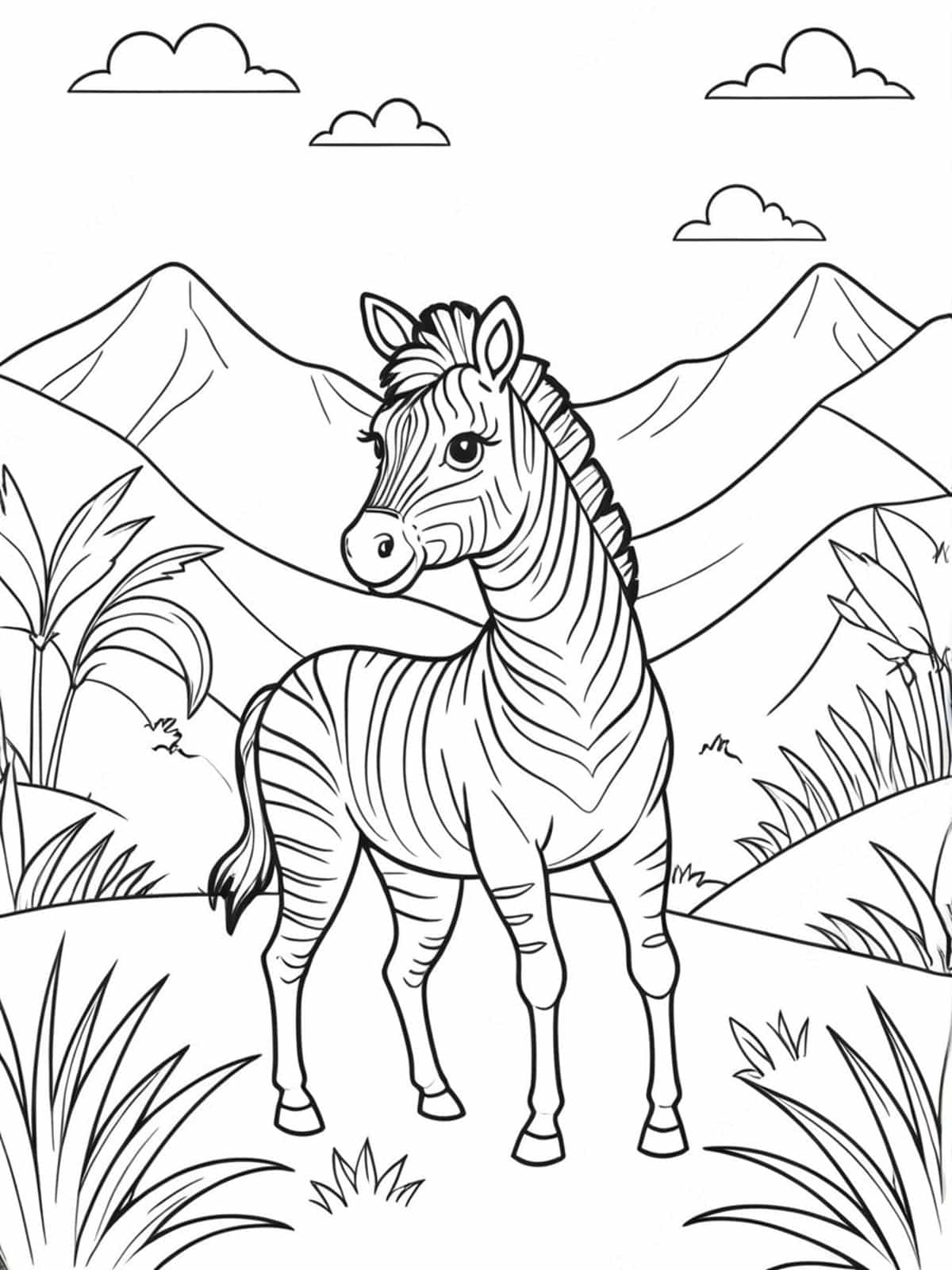 Zebra With A Backdrop Of Tall Grass And Mountain Coloring Pages