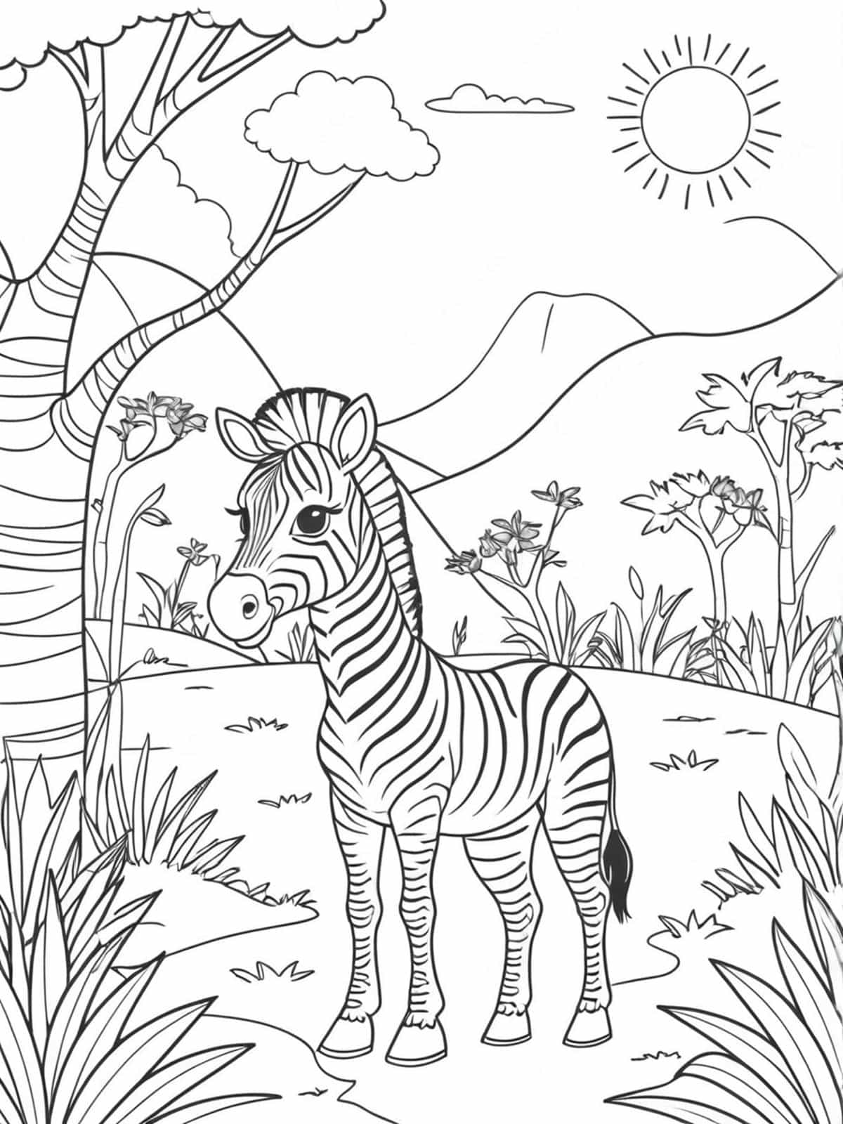 Zebra With An African Wildlife Coloring Page