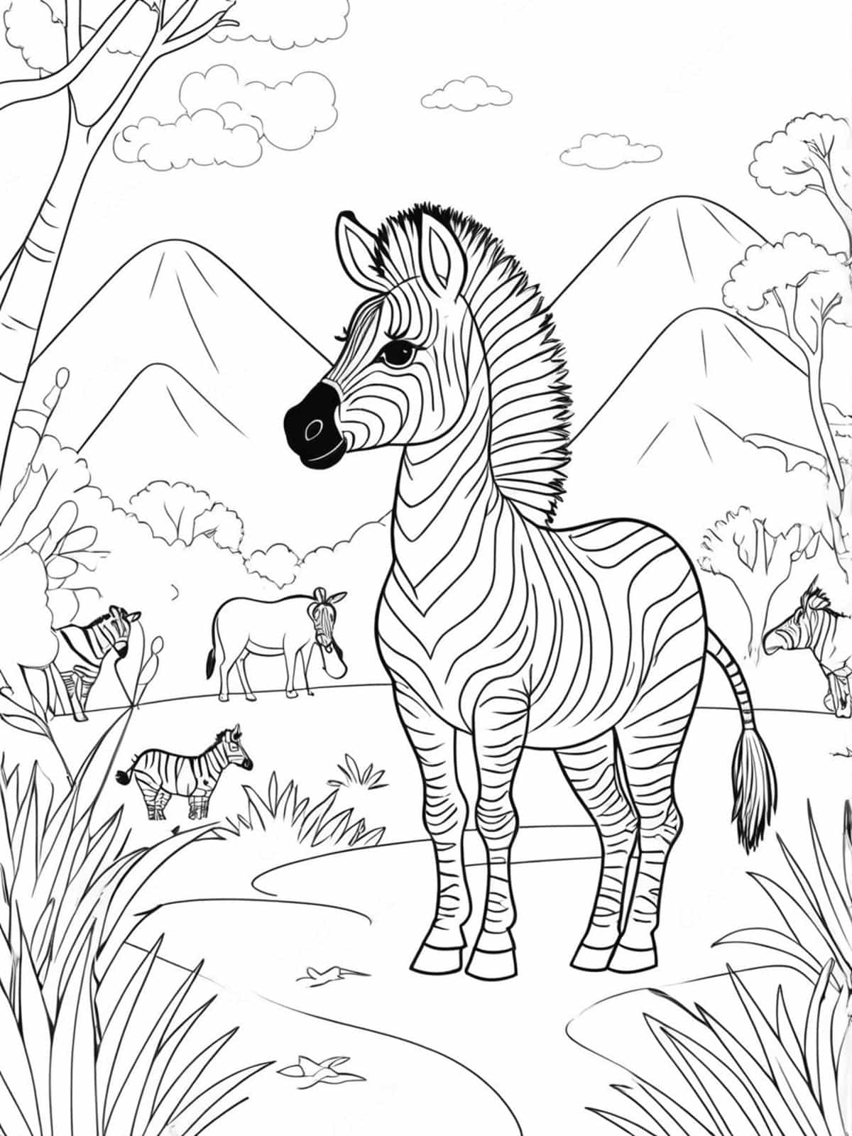 Zebra With An African Wildlife Coloring Pages