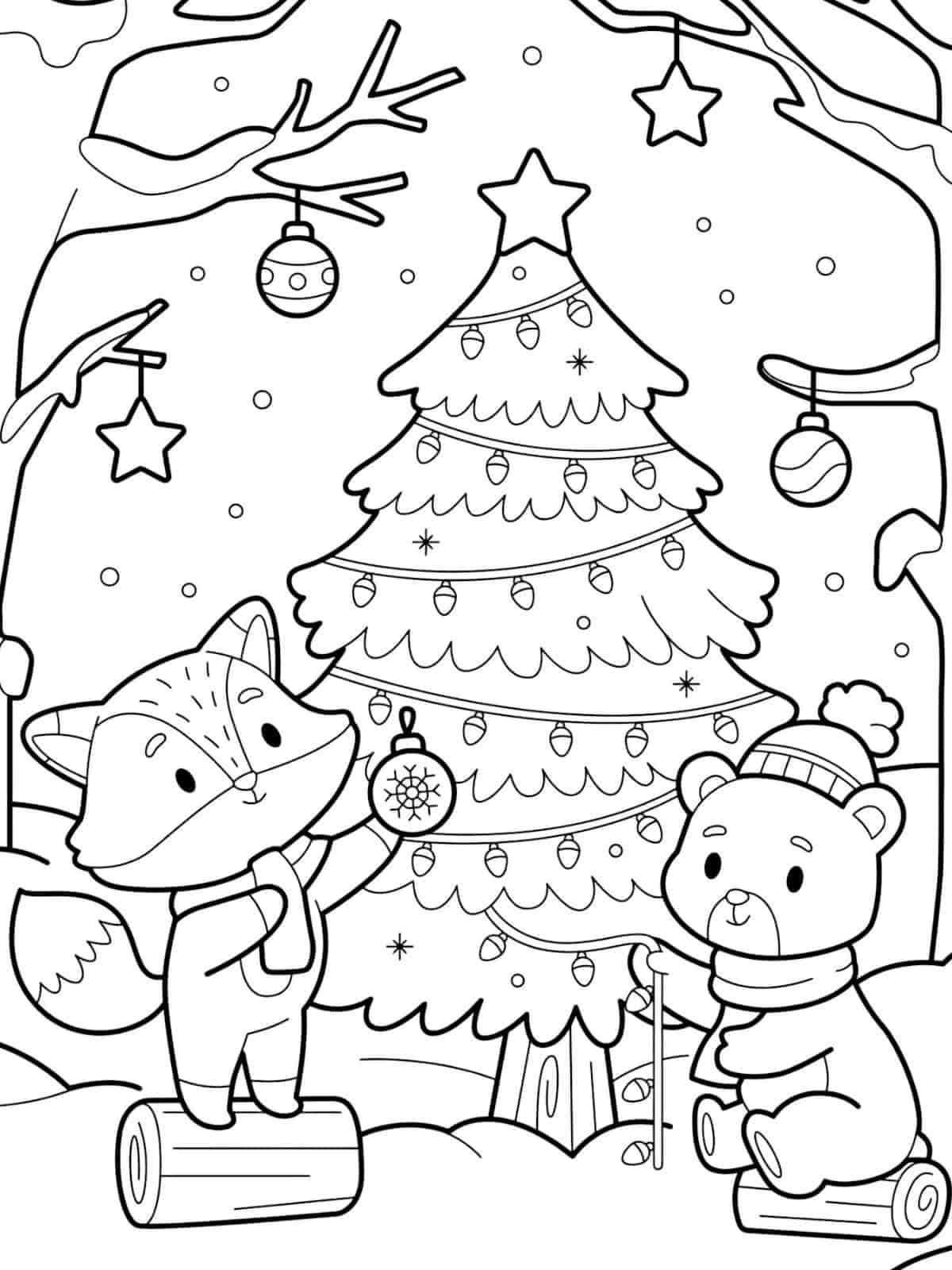 Cute Animals With Christmas Tree Coloring Pages