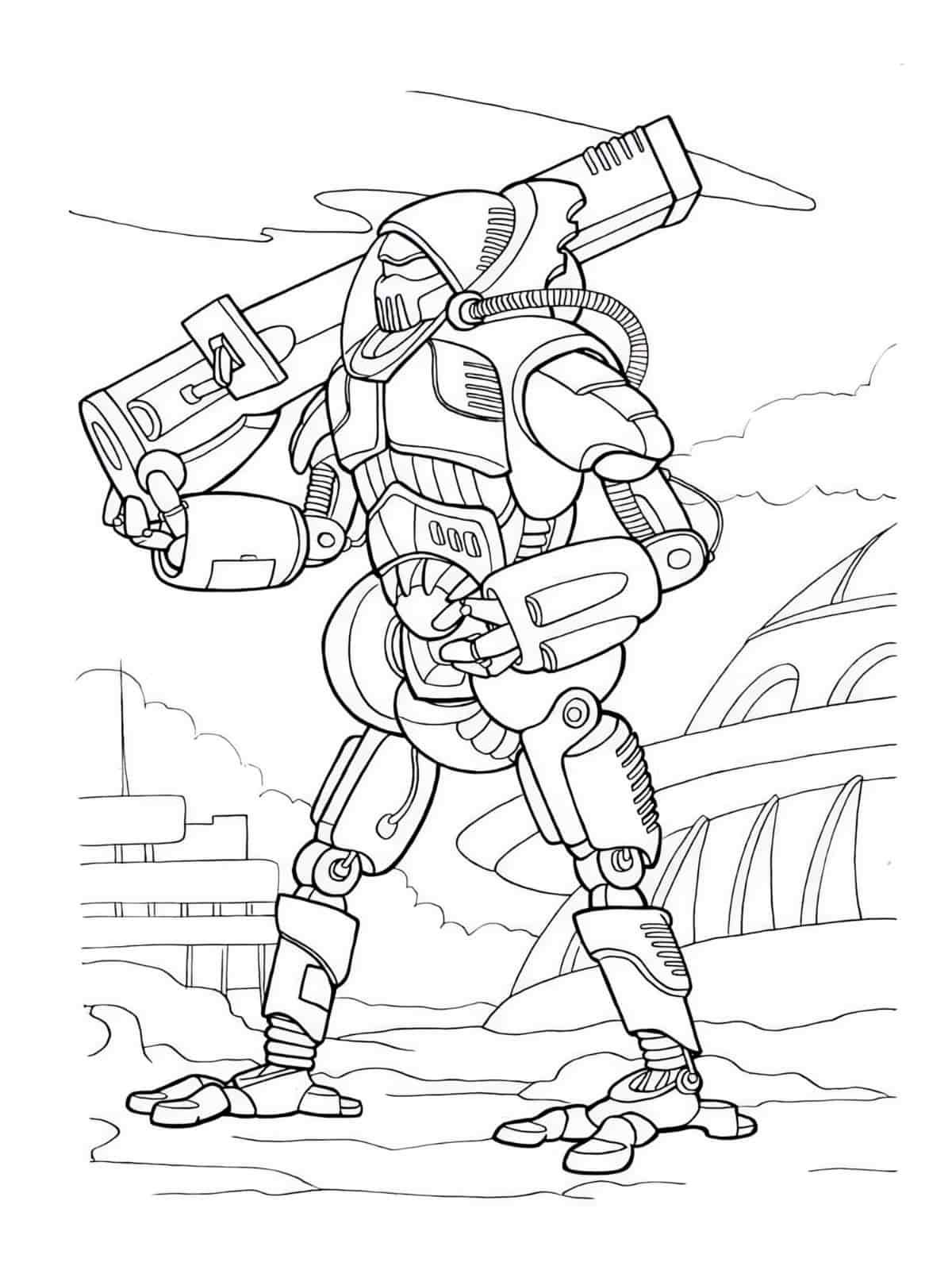 Robot Exploring The City Coloring Page