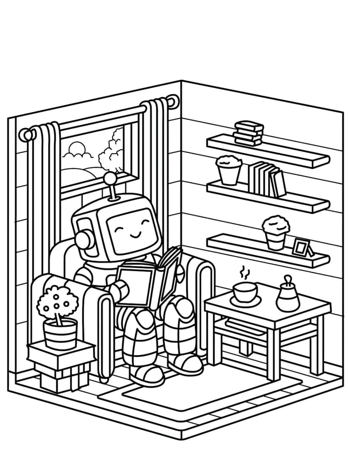 Robot Reading Book Coloring Page