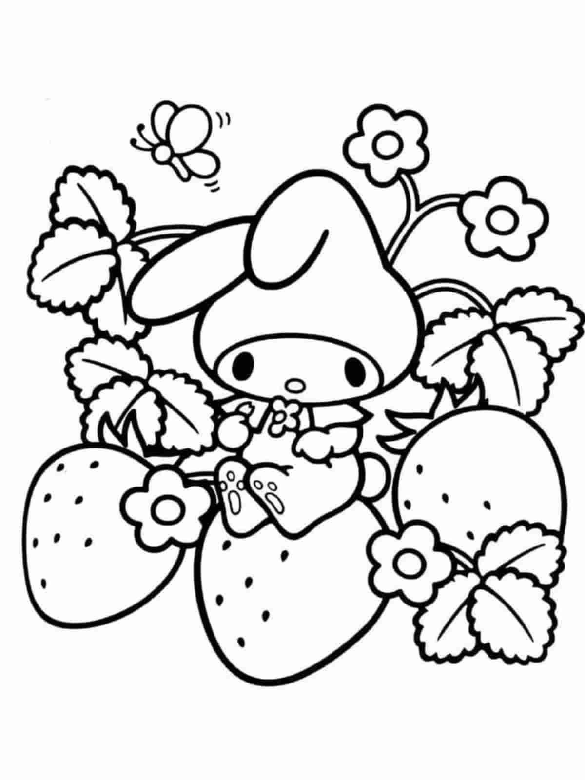 Strawberry With Hello Kitty Coloring Pages For Kids