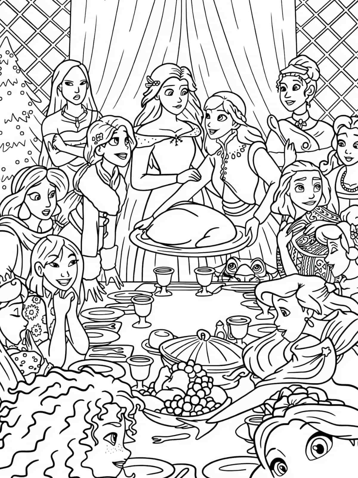 Thanksgiving Princess With Dinner Coloring Pages For Kids