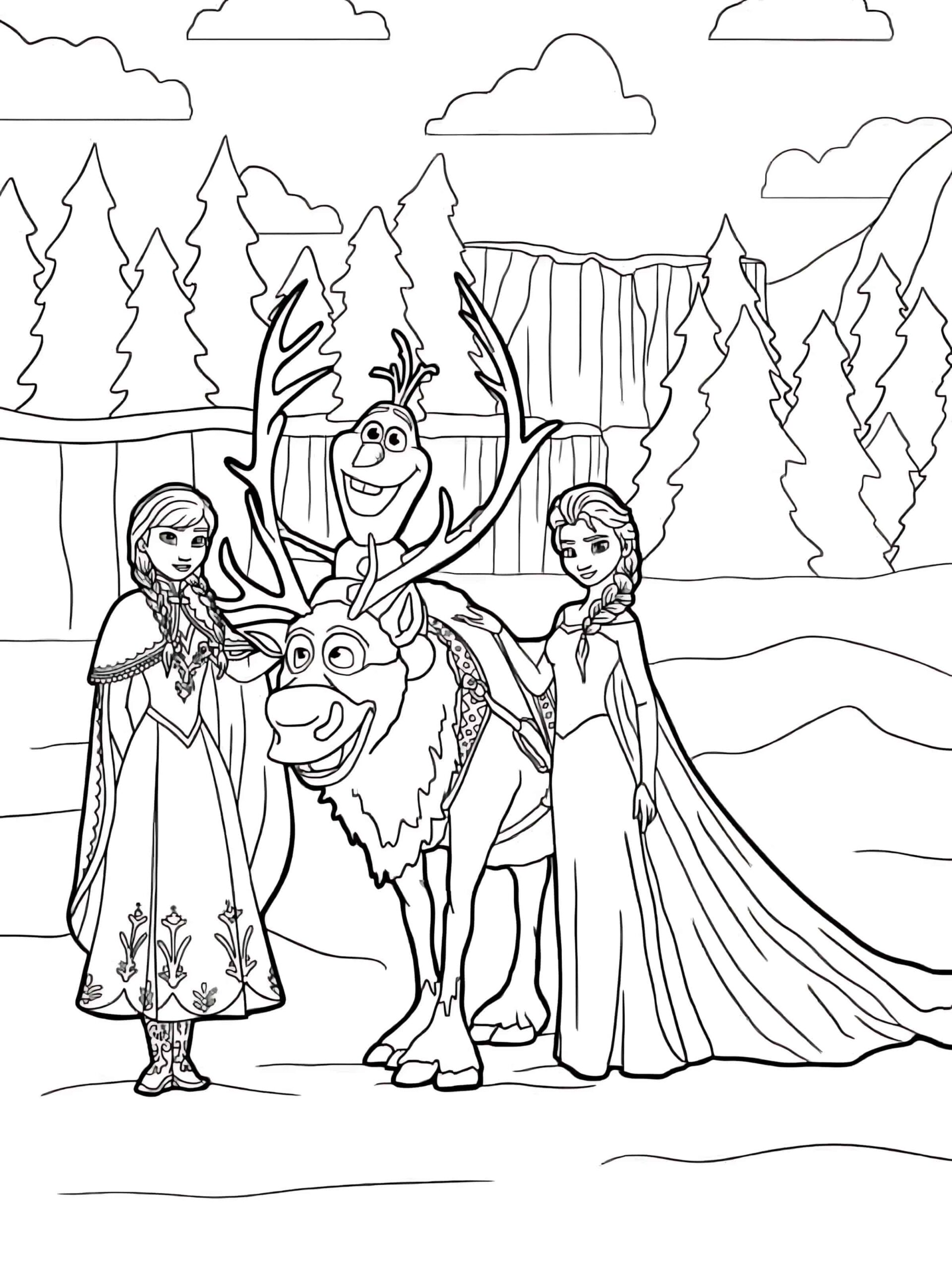 Anna Elsa Olaf And Sven Coloring Page