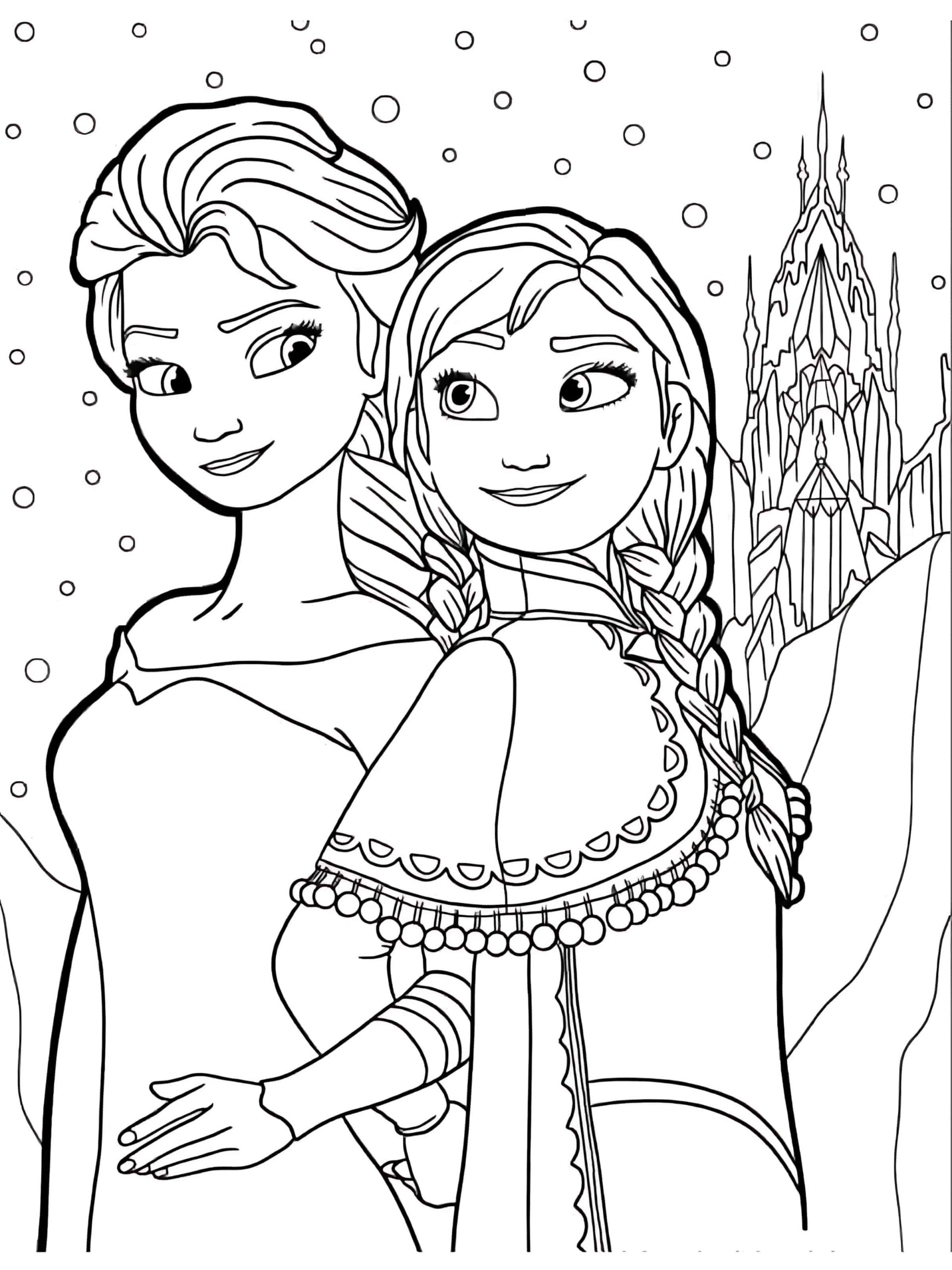 Elsa And Anna With Castle Coloring Sheet