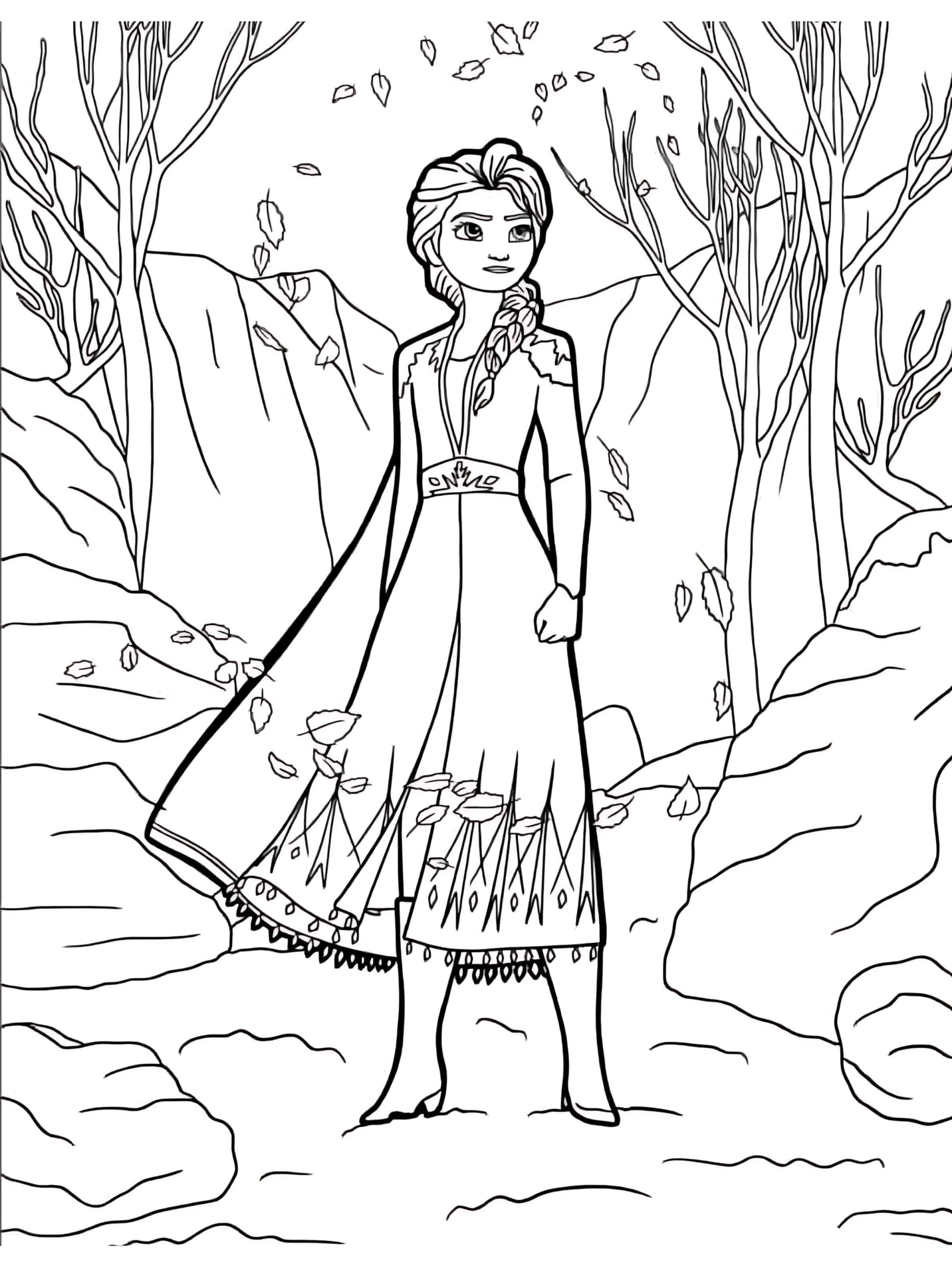 Elsa Standing In Canyon With Swirling Leaves To Coloring Page