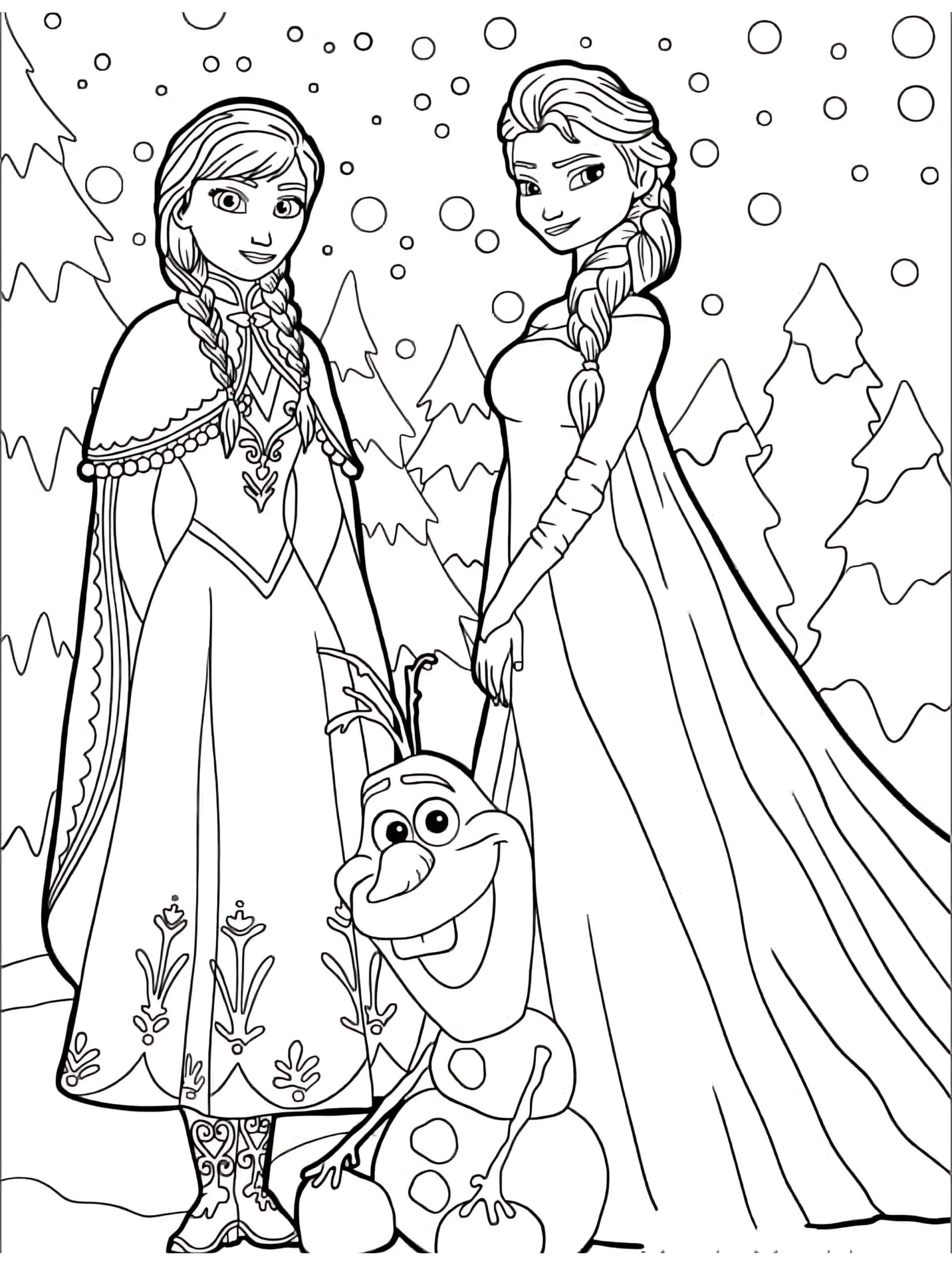 Olaf Elsa And Anna Coloring Page For Kids